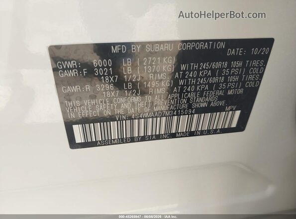 4S4WMAAD7M3415094 2021 SUBARU ASCENT White ძრავის განყოფილების ხედი