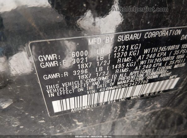 4S4WMABD0K3427700 2019 SUBARU ASCENT Black Widok komory silnika