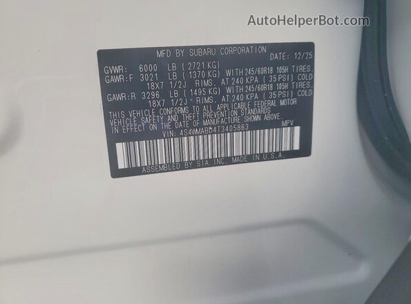 4S4WMABD4T3405863 2026 SUBARU ASCENT White Widok naklejki z numerem VIN