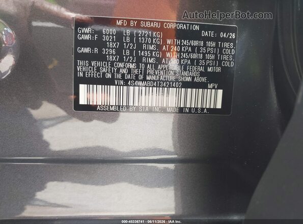 4S4WMABD4T3421402 2026 SUBARU ASCENT Gray ძრავის განყოფილების ხედი