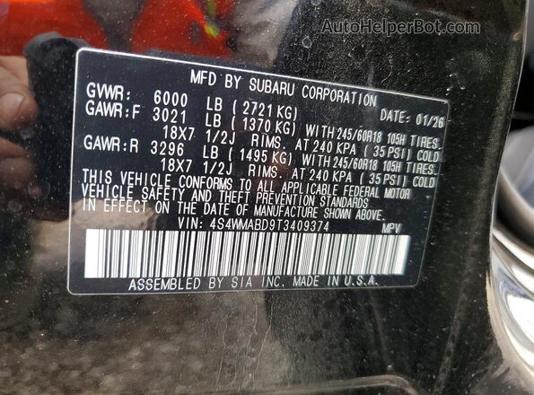 4S4WMABD9T3409374 2026 SUBARU ASCENT Black Widok naklejki z numerem VIN
