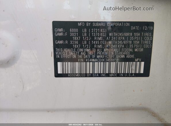 4S4WMACD0K3458850 2019 SUBARU ASCENT White Շարժիչի բաժամունքի տեսք