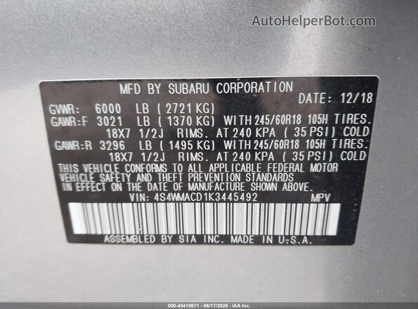 4S4WMACD1K3445492 2019 SUBARU ASCENT Серый Вид подкапотного пространства