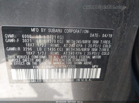 4S4WMACD1K3473325 2019 SUBARU ASCENT Серый Вид подкапотного пространства