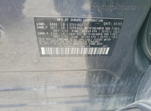 4S4WMACD1P3450764 2023 SUBARU ASCENT Charcoal Вид наклейки з VIN-кодом