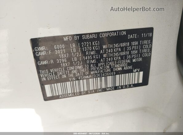 4S4WMACD2K3436669 2019 SUBARU ASCENT Белый Вид подкапотного пространства