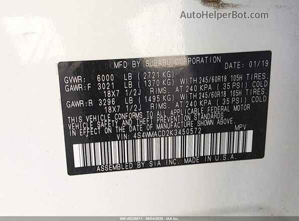 4S4WMACD2K3450572 2019 SUBARU ASCENT White Вид підкапотного простору