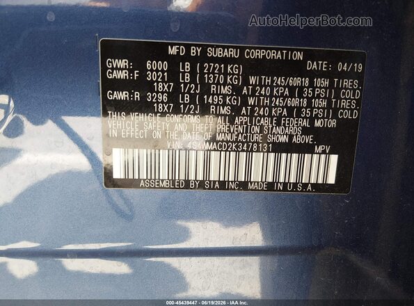 4S4WMACD2K3478131 2019 SUBARU ASCENT Blue Вид підкапотного простору
