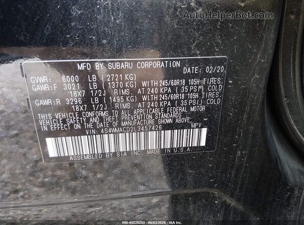 4S4WMACD2L3457426 2020 SUBARU ASCENT Black Շարժիչի բաժամունքի տեսք