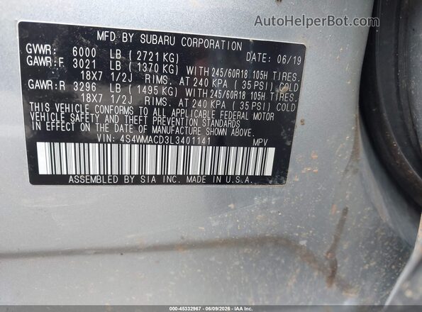 4S4WMACD3L3401141 2020 SUBARU ASCENT Silver Vista del compartimento del motor