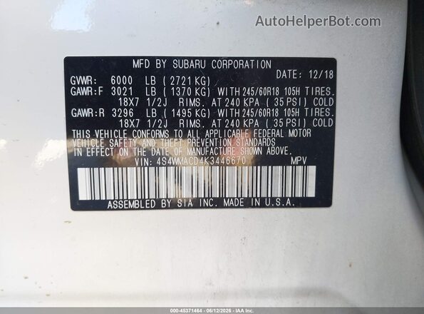 4S4WMACD4K3446670 2019 SUBARU ASCENT White ძრავის განყოფილების ხედი