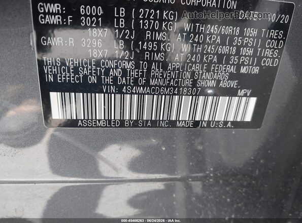 4S4WMACD6M3418307 2021 SUBARU ASCENT Gray Շարժիչի բաժամունքի տեսք