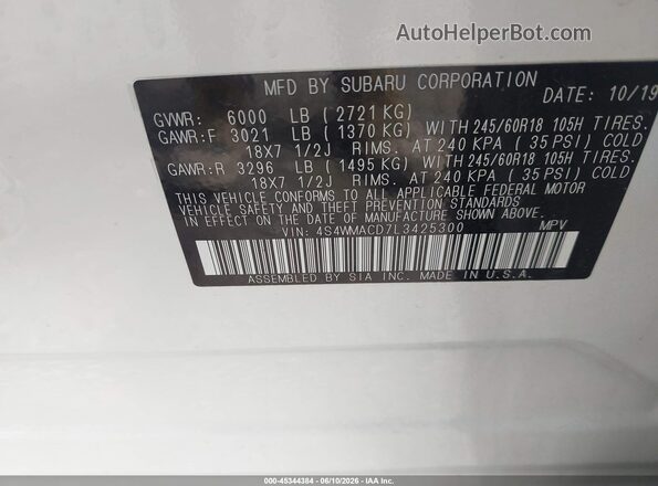 4S4WMACD7L3425300 2020 SUBARU ASCENT White Widok komory silnika