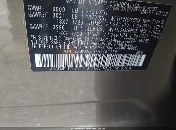 4S4WMACD7N3460759 2022 SUBARU ASCENT Green Շարժիչի բաժամունքի տեսք