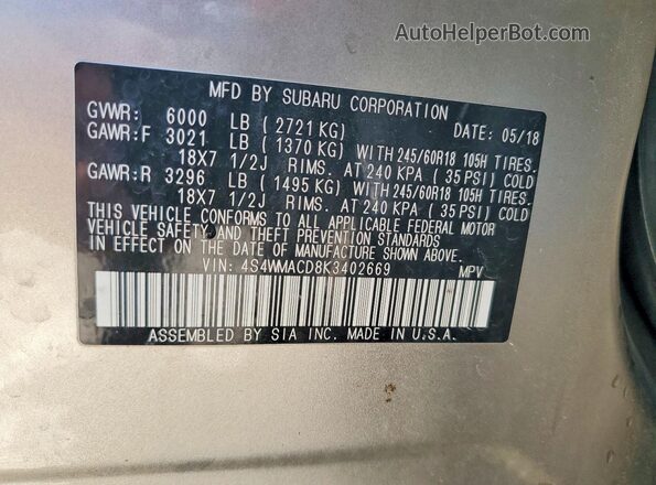 4S4WMACD8K3402669 2019 SUBARU ASCENT Silver Вид підкапотного простору