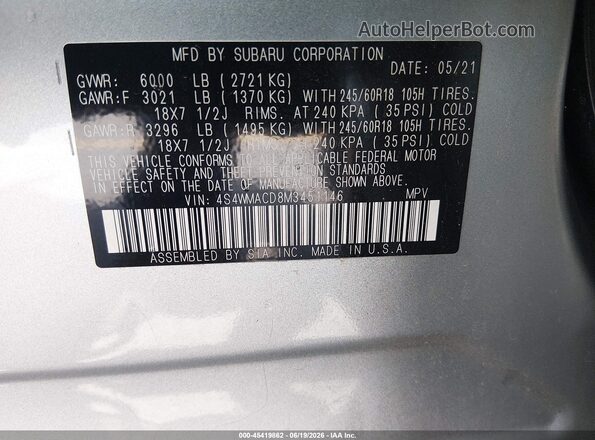 4S4WMACD8M3451146 2021 SUBARU ASCENT Silver Вид підкапотного простору