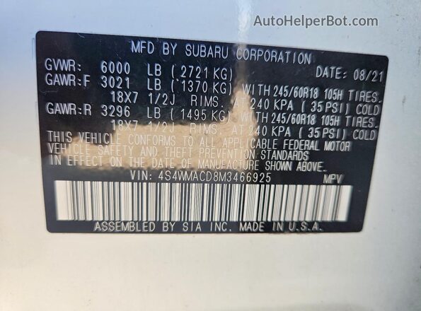 4S4WMACD8M3466925 2021 SUBARU ASCENT White Vista de la etiqueta del VIN