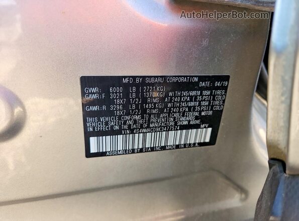 4S4WMACD9K3477574 2019 SUBARU ASCENT Серебряный Вид наклейки с VIN-кодом