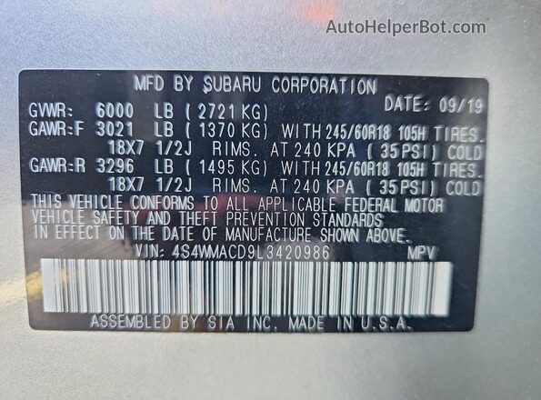 4S4WMACD9L3420986 2020 SUBARU ASCENT Blue Widok wnętrza 360 stopni