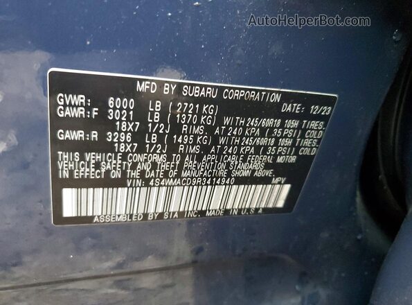 4S4WMACD9R3414940 2024 SUBARU ASCENT Blue VIN կոդի պիտակի տեսք
