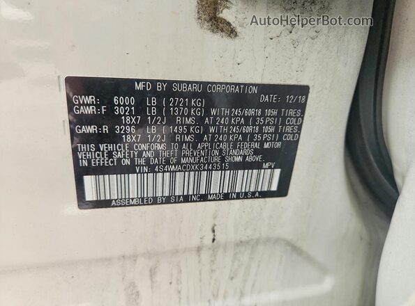 4S4WMACDXK3443515 2019 SUBARU ASCENT Белый Вид наклейки с VIN-кодом