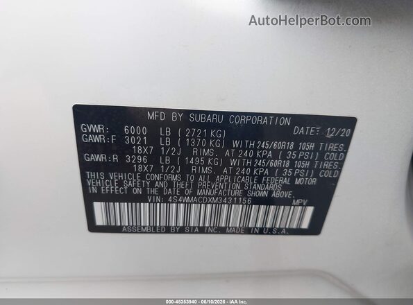 4S4WMACDXM3431156 2021 SUBARU ASCENT White Widok komory silnika