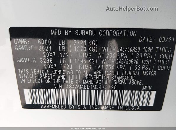 4S4WMAED1M3473728 2021 SUBARU ASCENT Белый Вид подкапотного пространства