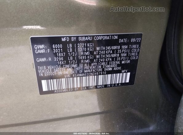 4S4WMAED2N3467910 2022 SUBARU ASCENT Зеленый Вид подкапотного пространства