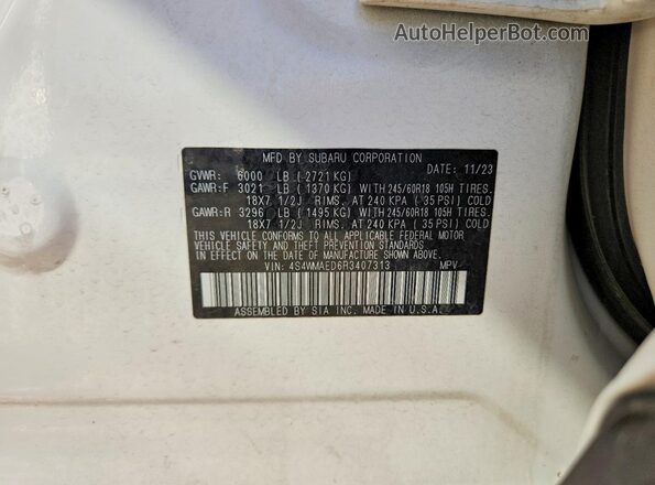4S4WMAED6R3407313 2024 SUBARU ASCENT White VIN კოდის სტიკერის ხედი