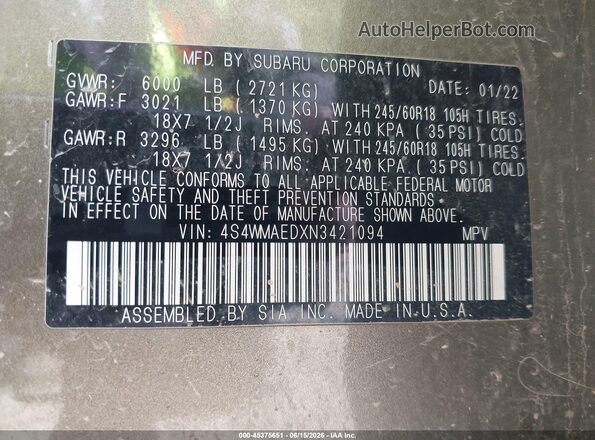 4S4WMAEDXN3421094 2022 SUBARU ASCENT Green Vista del compartimento del motor