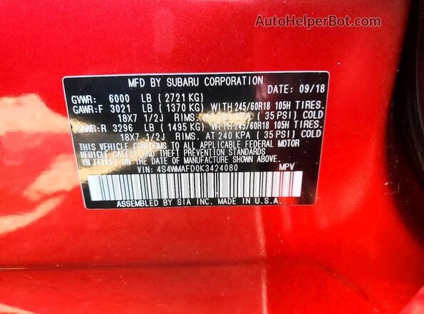 4S4WMAFD0K3424080 2019 SUBARU ASCENT Red VIN კოდის სტიკერის ხედი