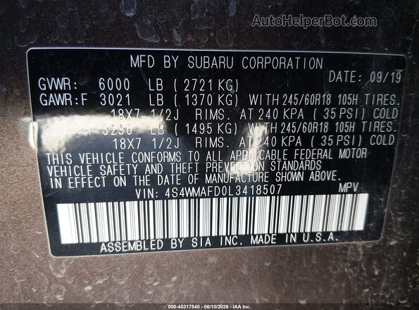 4S4WMAFD0L3418507 2020 SUBARU ASCENT Burgundy Engine compartment view