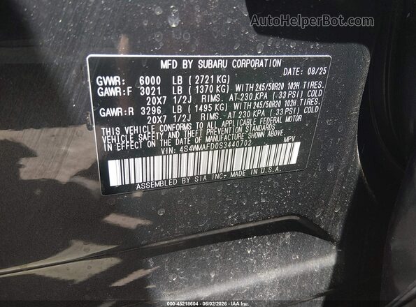4S4WMAFD0S3440702 2025 SUBARU ASCENT Gray Vista del compartimento del motor