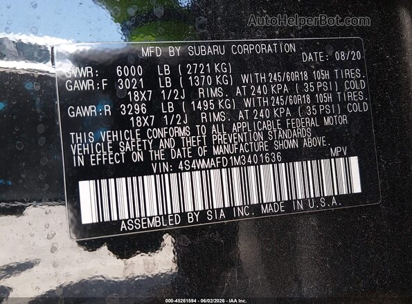 4S4WMAFD1M3401636 2021 SUBARU ASCENT Черный Вид подкапотного пространства
