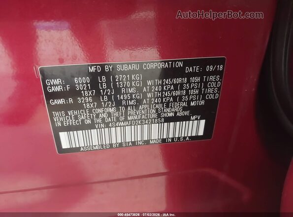 4S4WMAFD2K3421858 2019 SUBARU ASCENT Burgundy ძრავის განყოფილების ხედი