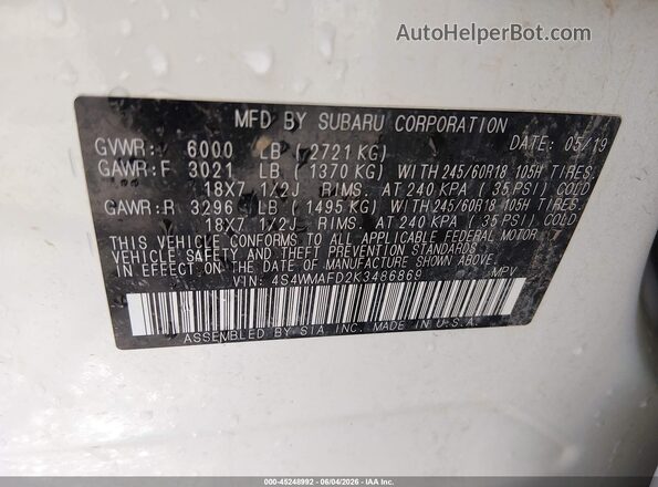 4S4WMAFD2K3486869 2019 SUBARU ASCENT White ძრავის განყოფილების ხედი