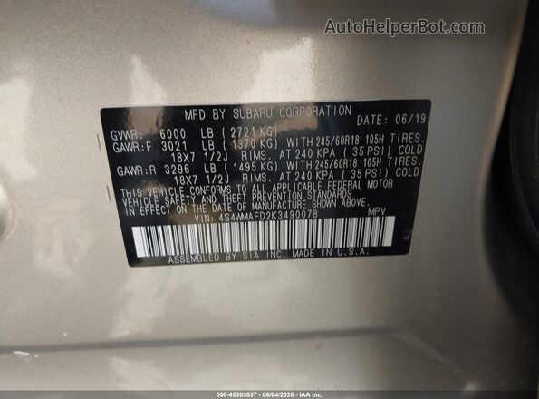 4S4WMAFD2K3490078 2019 SUBARU ASCENT Silver ძრავის განყოფილების ხედი