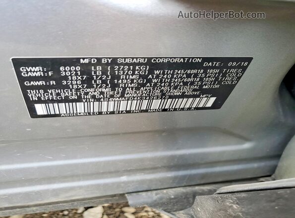 4S4WMAFD4K3426270 2019 SUBARU ASCENT Серебряный Вид наклейки с VIN-кодом