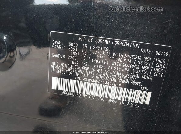 4S4WMAFD4L3414850 2020 SUBARU ASCENT Black Շարժիչի բաժամունքի տեսք