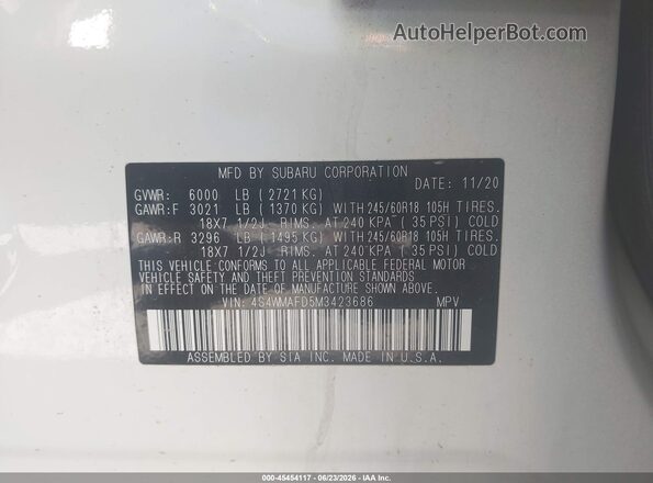 4S4WMAFD5M3423686 2021 SUBARU ASCENT White Widok komory silnika