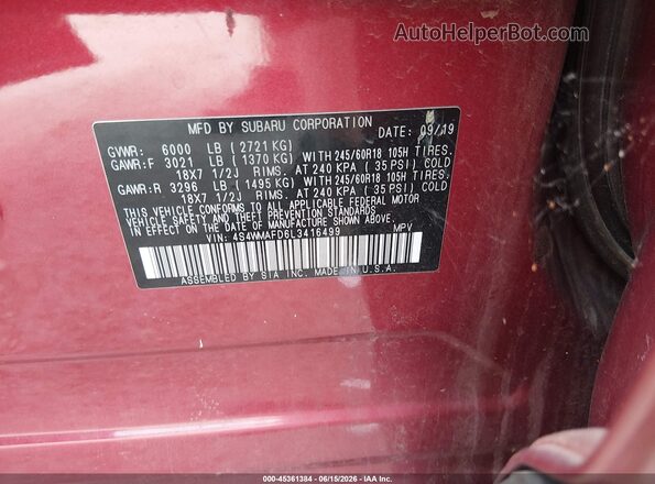 4S4WMAFD6L3416499 2020 SUBARU ASCENT Red Շարժիչի բաժամունքի տեսք