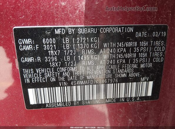 4S4WMAFD7K3467976 2019 SUBARU ASCENT Burgundy Engine compartment view