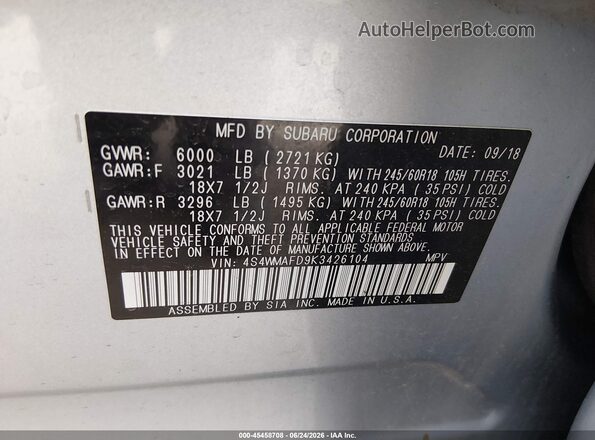 4S4WMAFD9K3426104 2019 SUBARU ASCENT Silver Engine compartment view