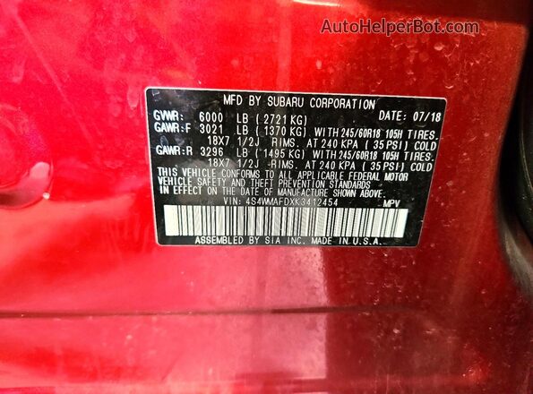 4S4WMAFDXK3412454 2019 SUBARU ASCENT Red Engine compartment view