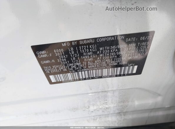4S4WMAGD4N3449700 2022 SUBARU ASCENT White Widok komory silnika