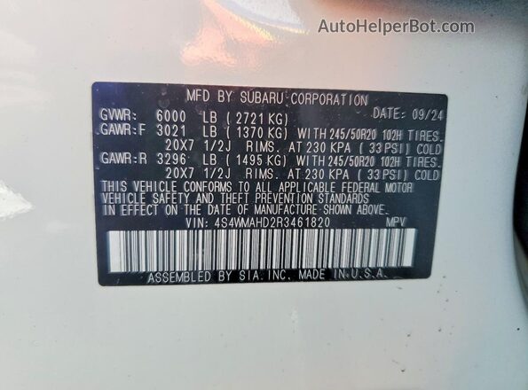4S4WMAHD2R3461820 2024 SUBARU ASCENT White VIN կոդի պիտակի տեսք