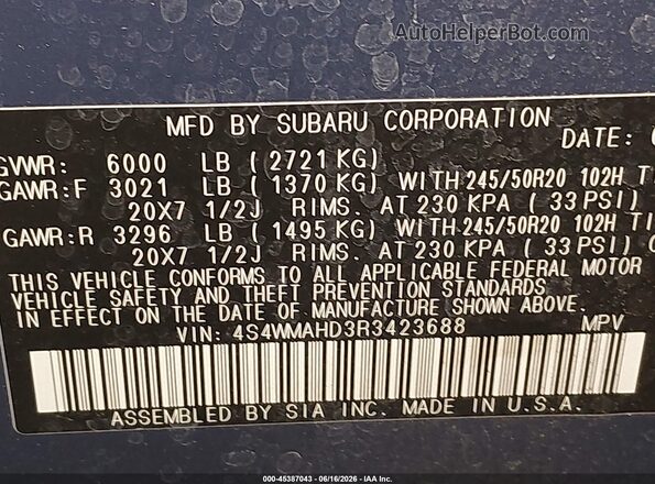 4S4WMAHD3R3423688 2024 SUBARU ASCENT Blue Շարժիչի բաժամունքի տեսք