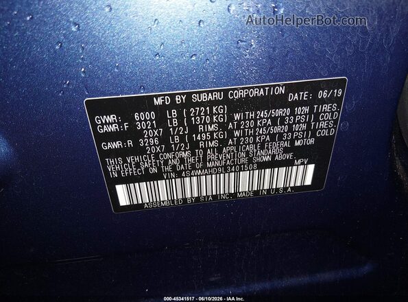 4S4WMAHD9L3401508 2020 SUBARU ASCENT Синий Вид подкапотного пространства
