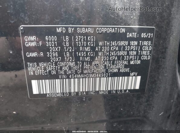 4S4WMAHD9M3449821 2021 SUBARU ASCENT Black Вид підкапотного простору