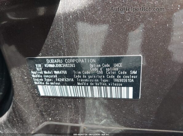 4S4WMAJD0K3483363 2019 SUBARU ASCENT Maroon Вид підкапотного простору